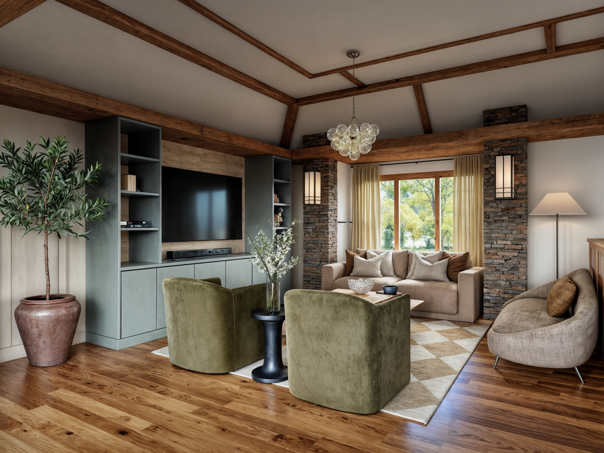 Modern Rustic Living Room Design Rendering thumb