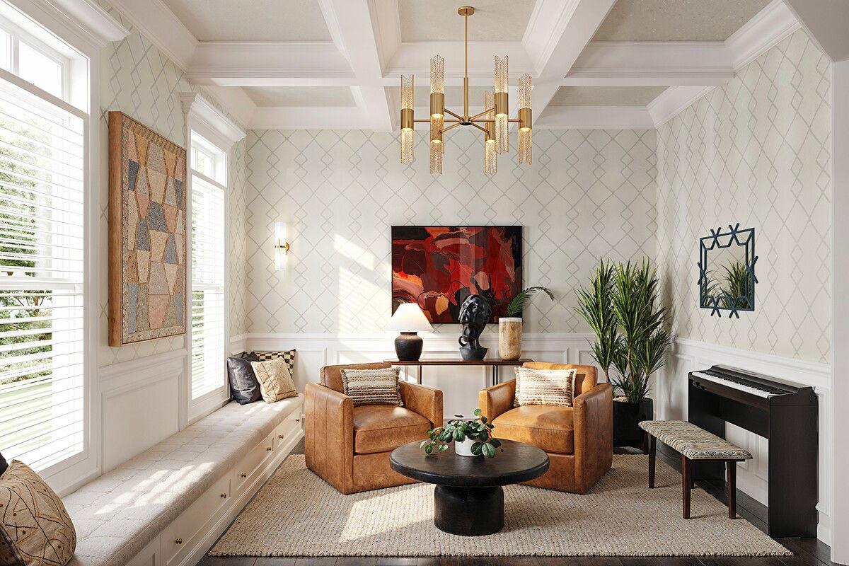 Functional Eclectic Sitting & Dining Room Rendering thumb