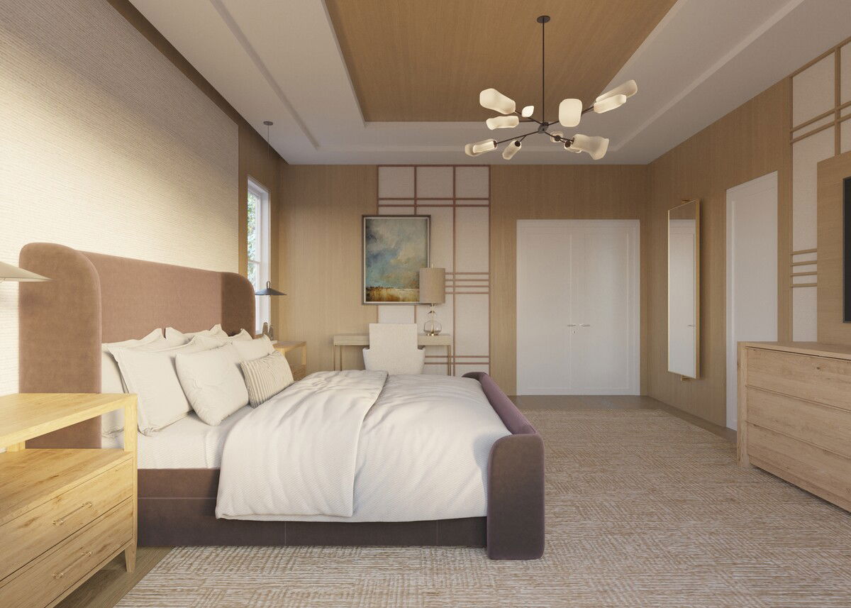 Modern Transitional Bedroom Design with Natural Tones Rendering thumb