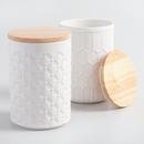 Online Designer Living Room White Textured Ceramic Canisters With Bamboo Lids Set Of 2