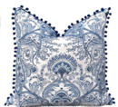 Online Designer Combined Living/Dining BLUE AND WHTIE LINEN PILLOW WITH POM POM