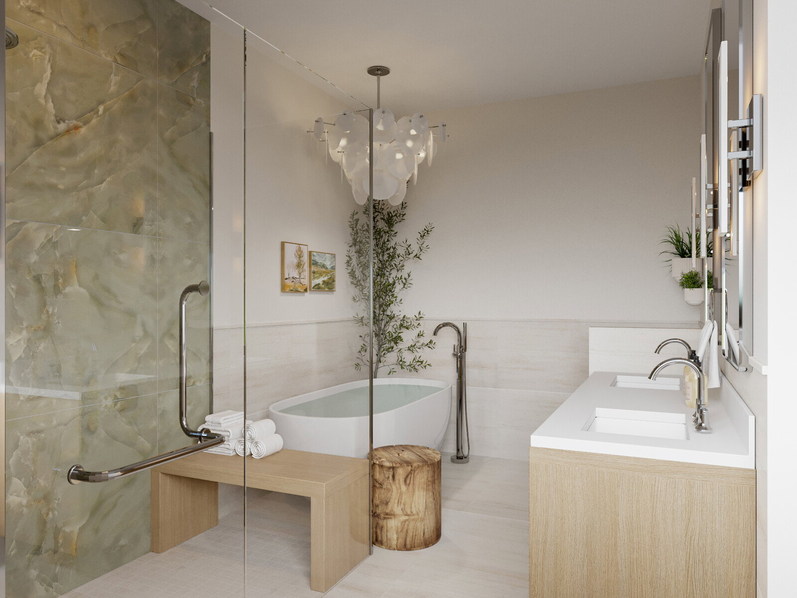 Renderizado de diseño de baño fresco, neutral y cómodo