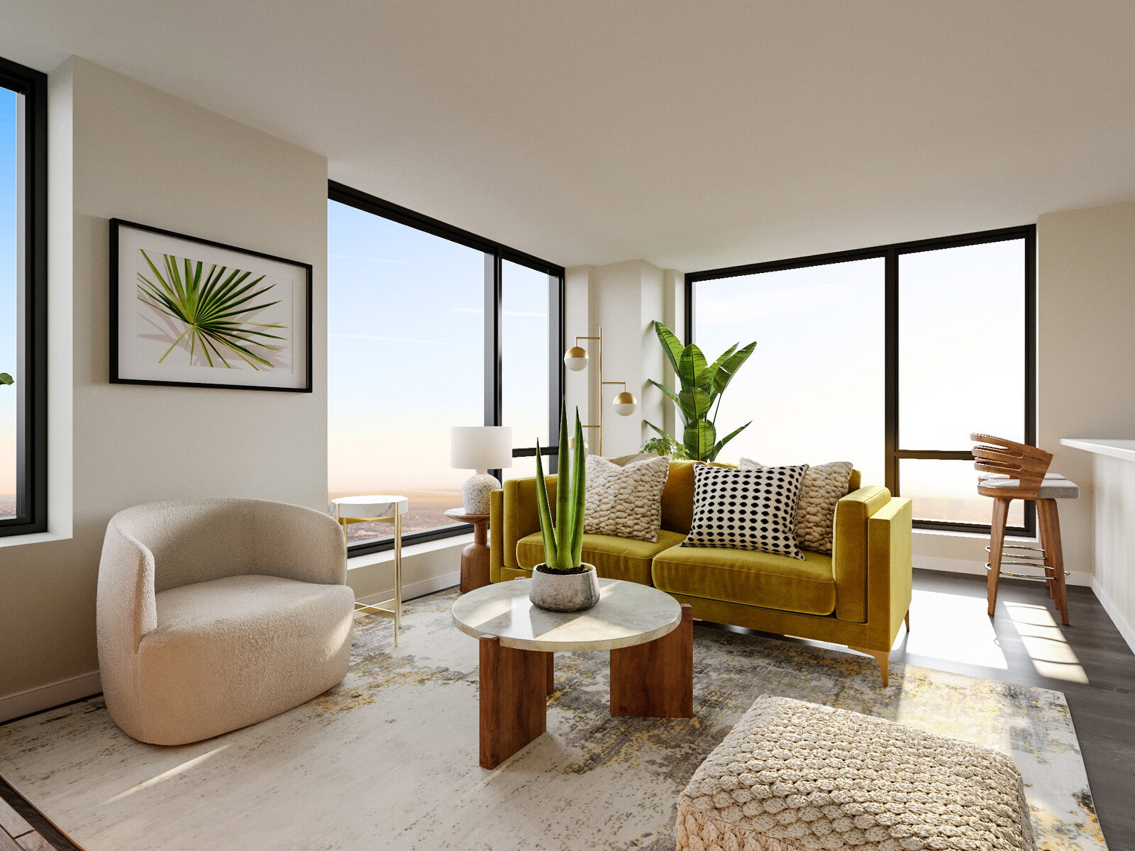 Renderizado de decoración de sala de estar femenina cálida y acogedora