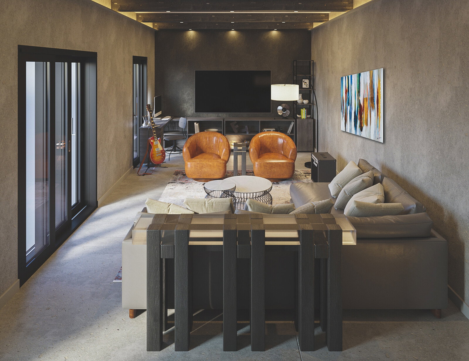 Renderización de Dormitorio y Sala de Estar Masculina Minimalista
