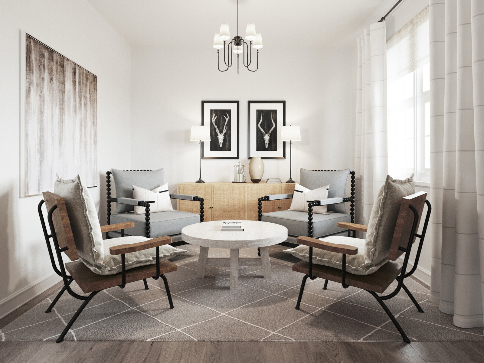 Renderizado del diseño de interiores de casa de campo moderna para sala y comedor