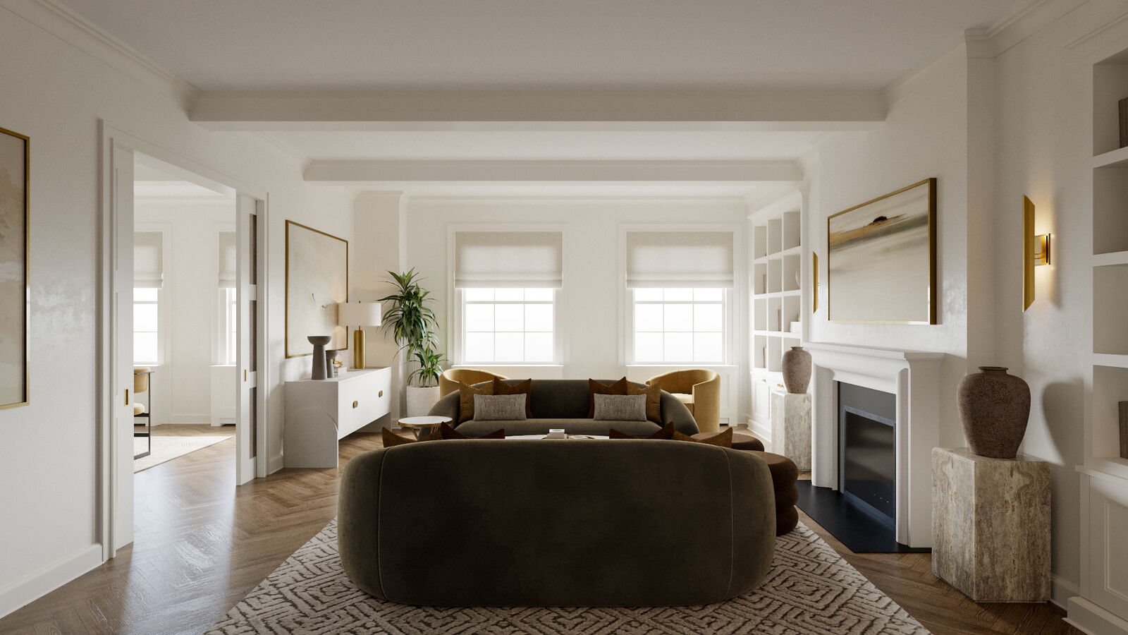 Neoclassical Living and Dining Room with Built-in Cabinets