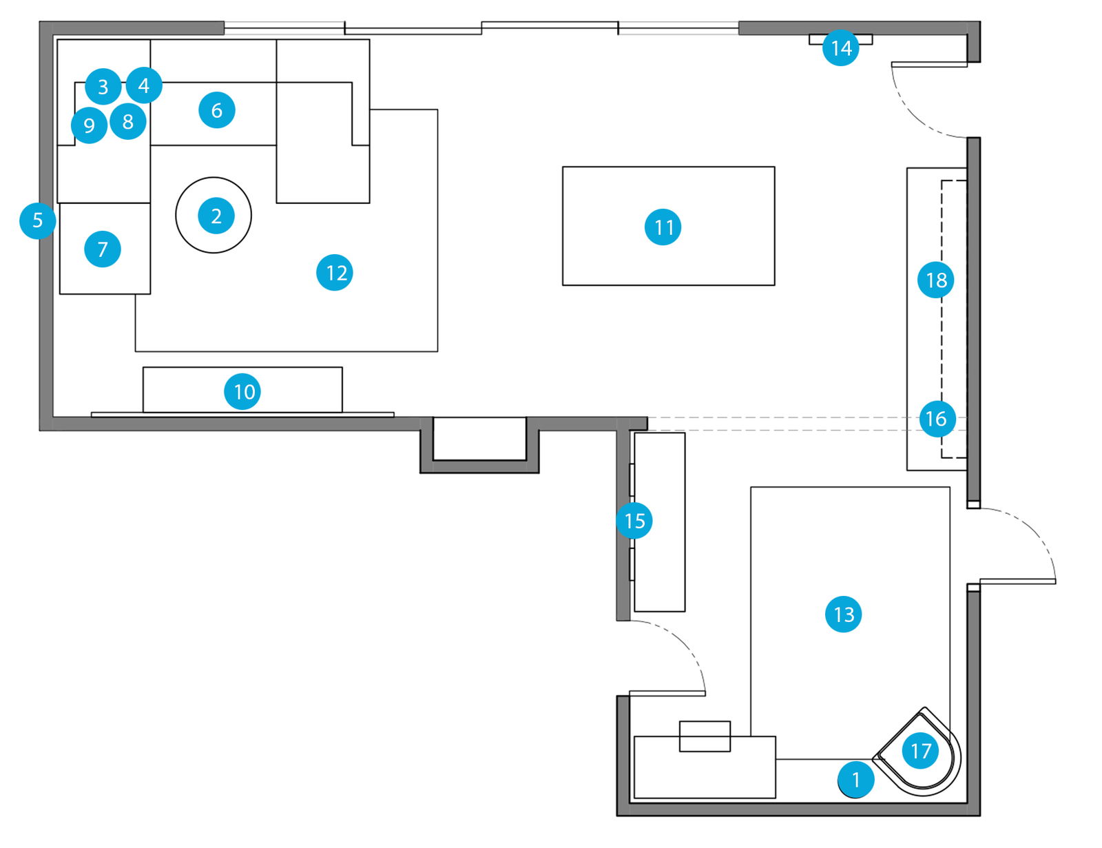 Plano de planta de sala de estar en línea