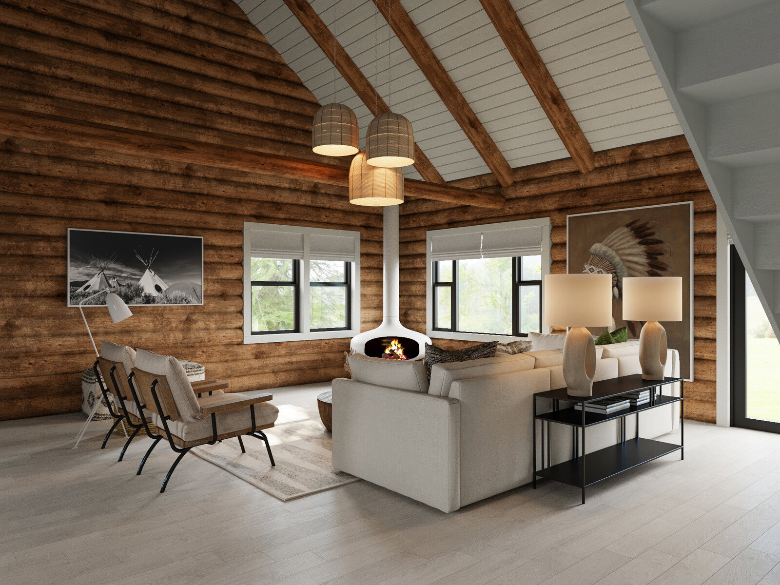 Actualización Moderna del Interior de Cabaña de Madera Renderización