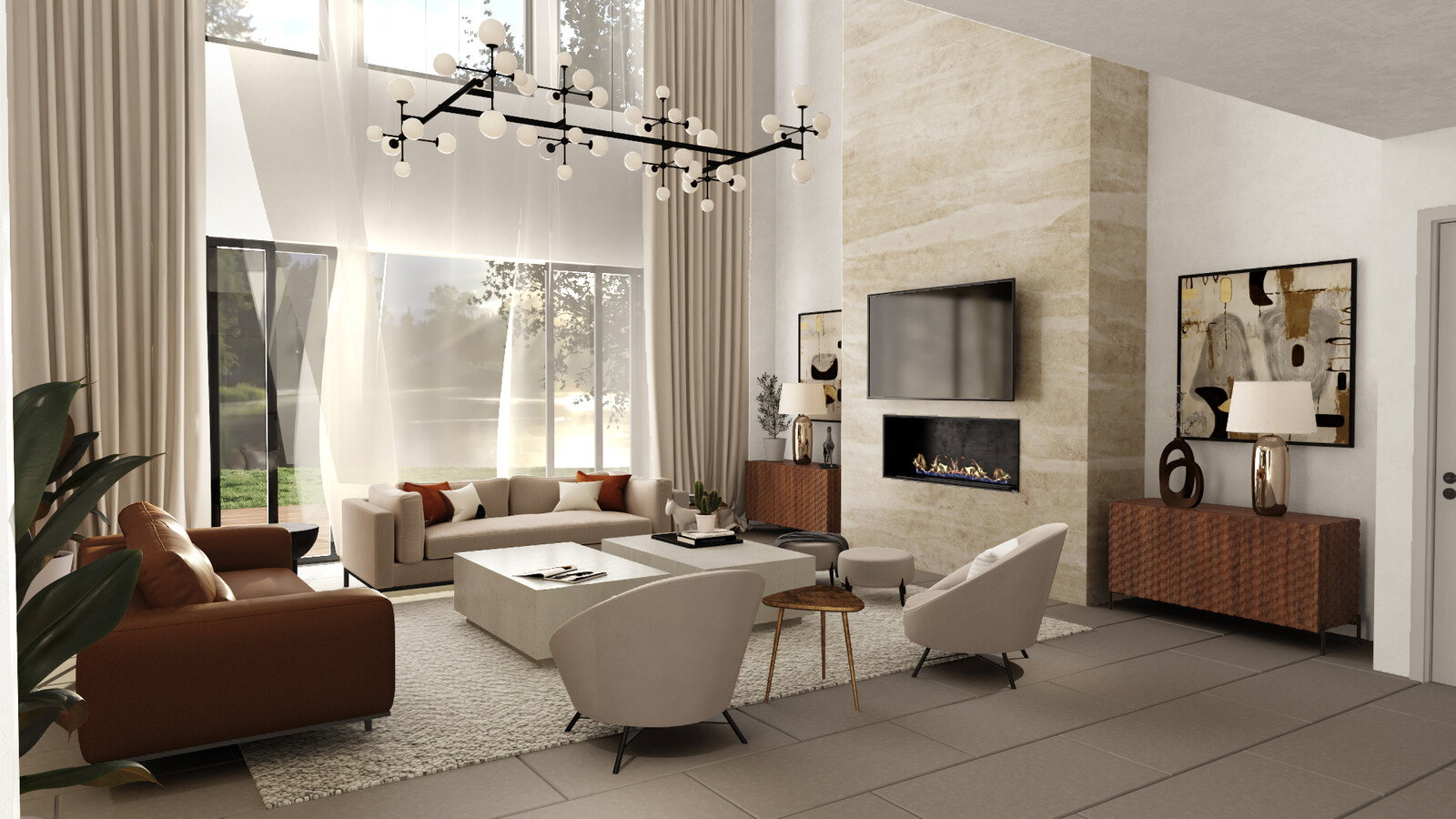 Renderizado de Decoración Única para Sala/Comedor con Bodega de Vino