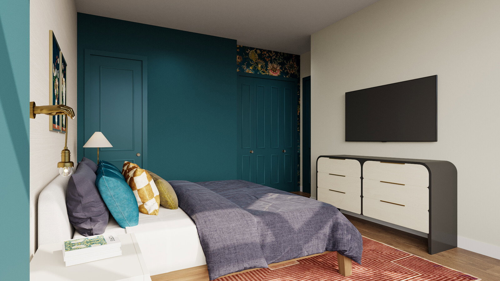 Rendering de diseño de apartamento ecléctico, acogedor y cálido