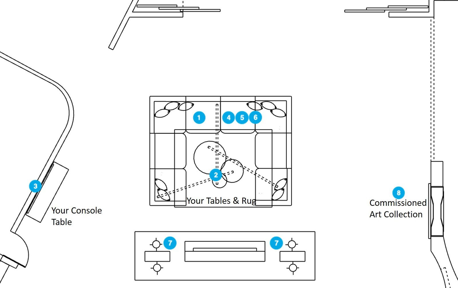 Plano de planta de sala de estar en línea