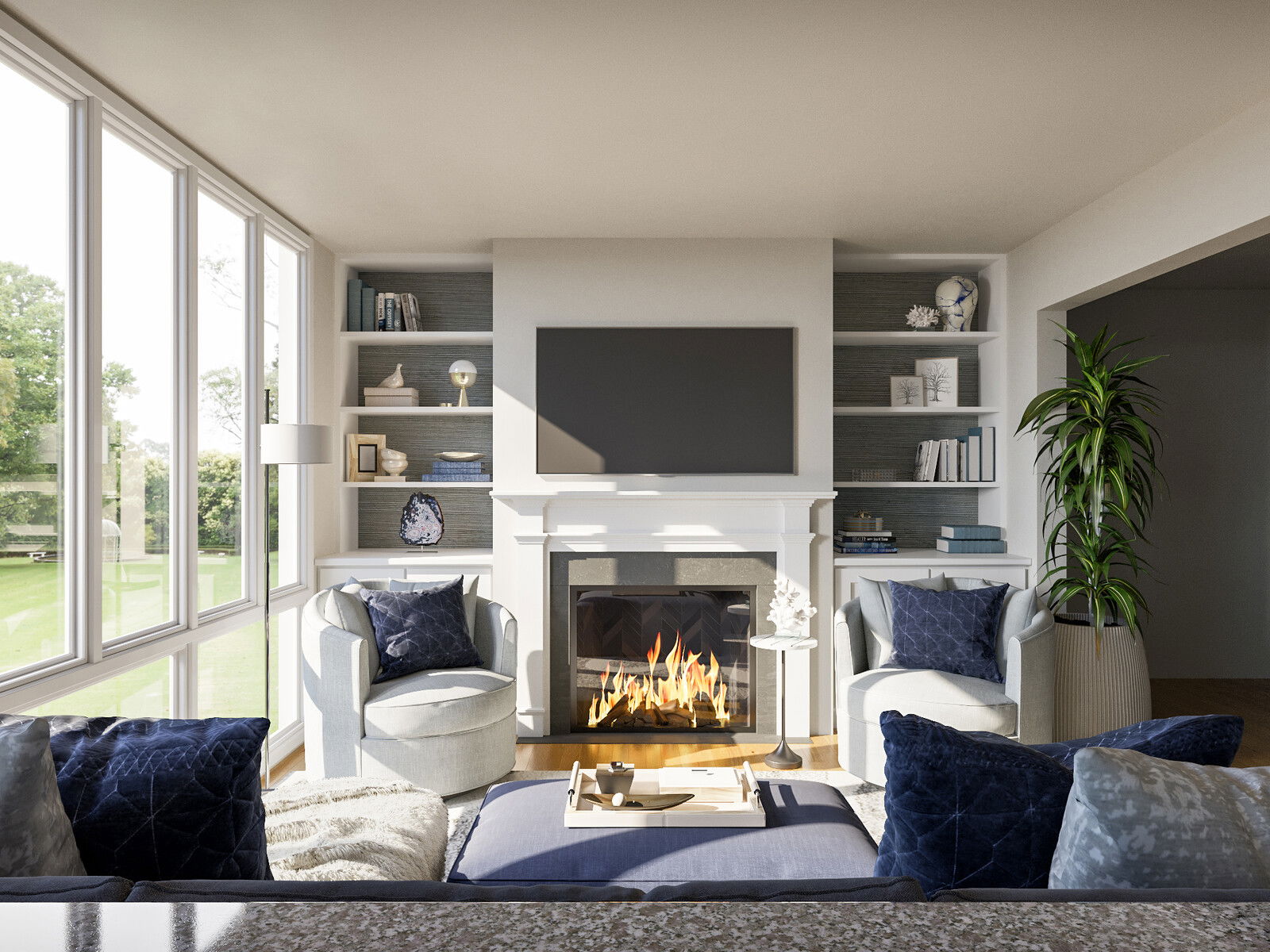Renderizado de diseño acogedor de sala y comedor con acentos azules