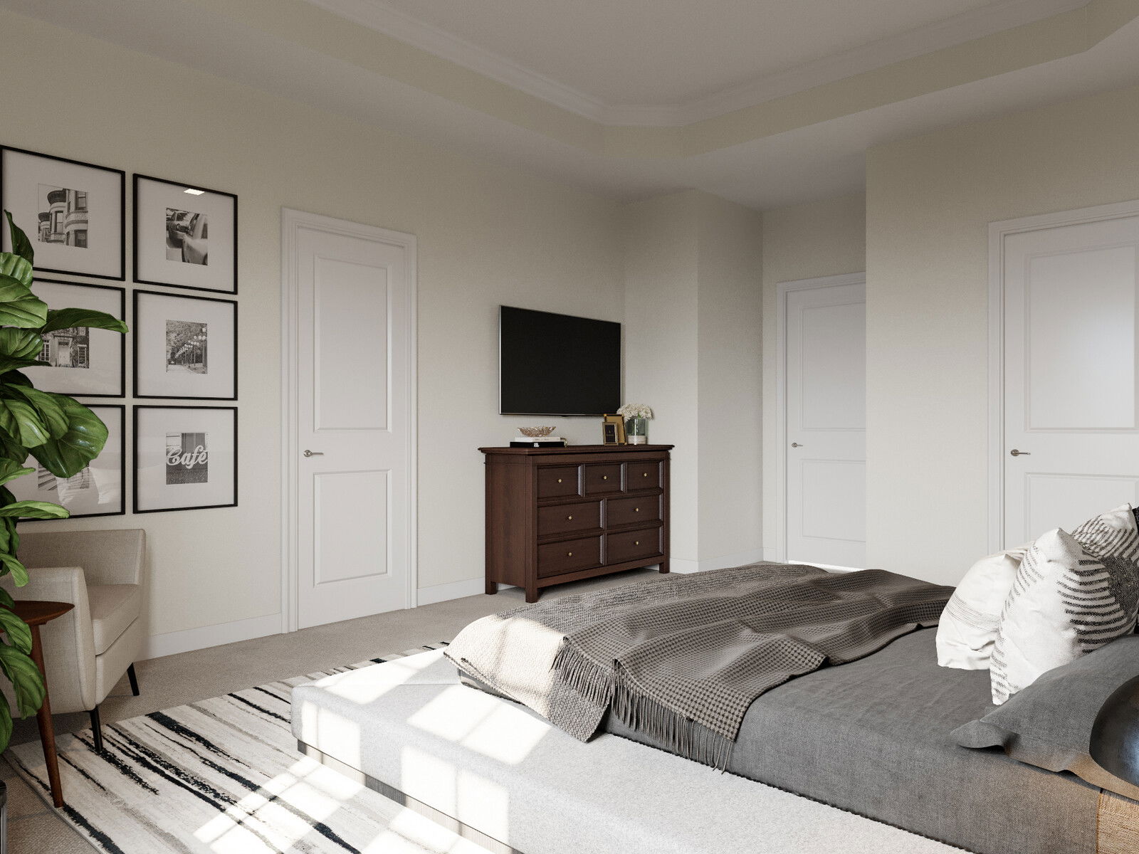 Neutral Modern Bedrom with Wine Shelves