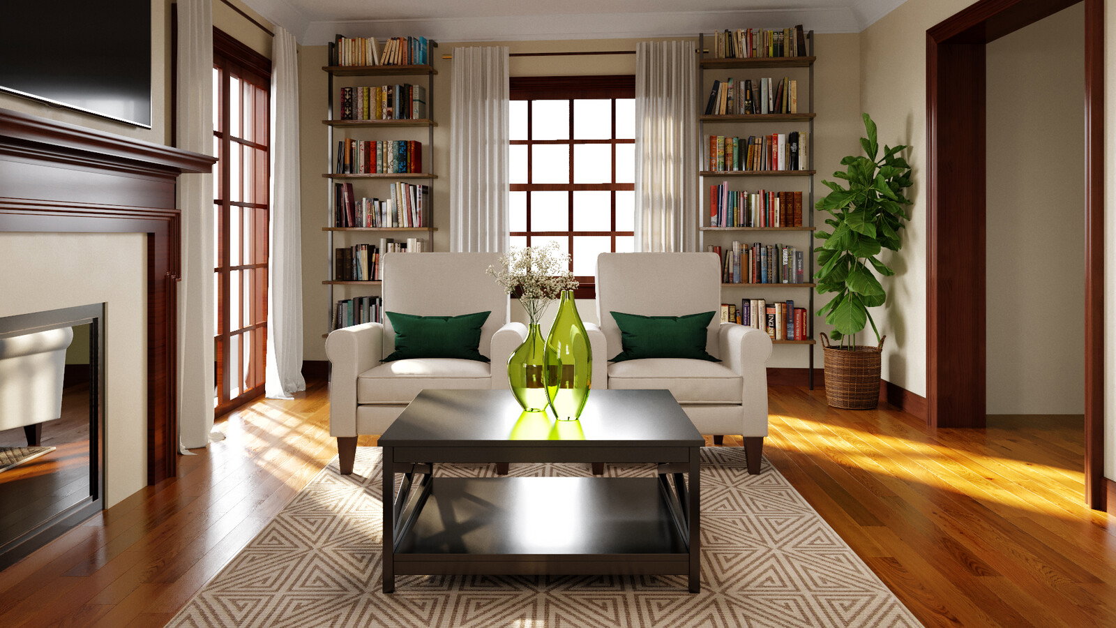 Renderizado de sala de estar sofisticada y elegante