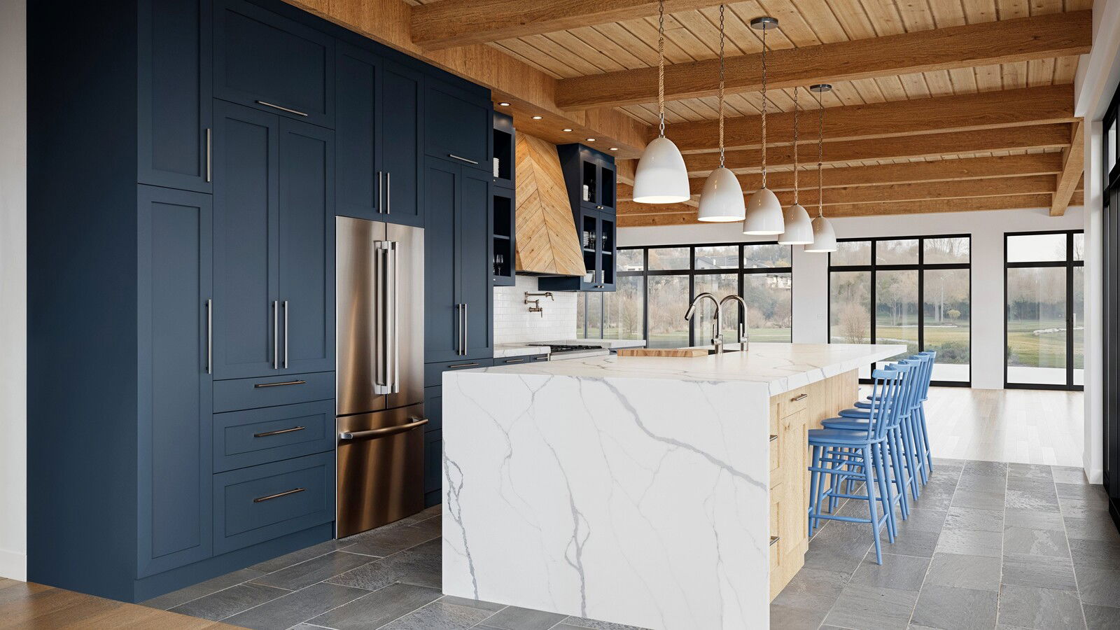 Wooden Ceiling Transitional Kitchen Remodel