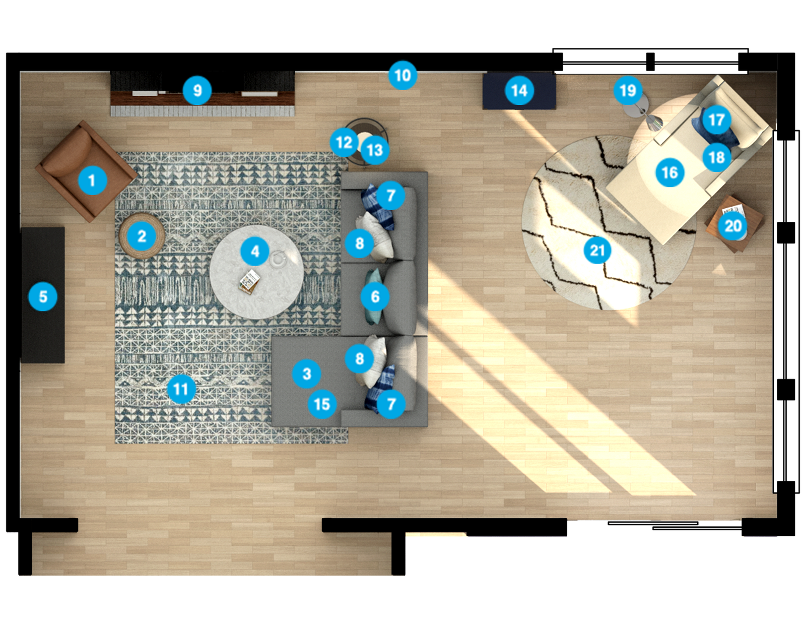 Plano de planta de sala de estar en línea