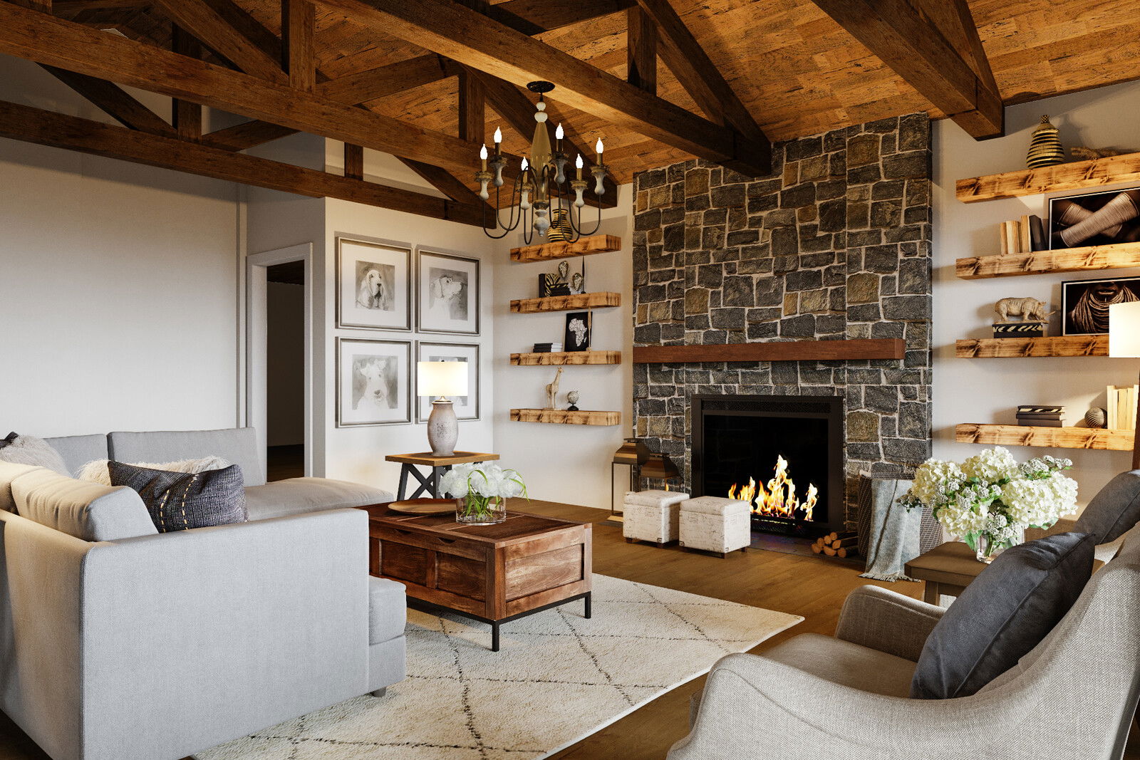 Renderizado de diseño de interior de casa con techo de madera rústica en buhardilla
