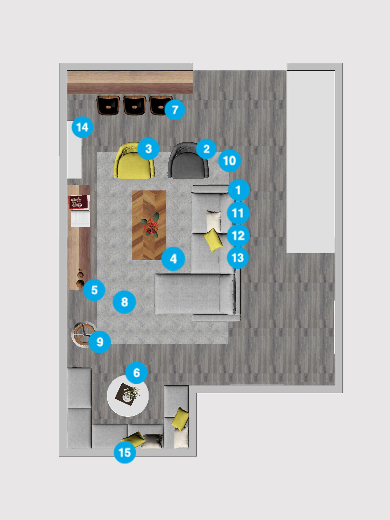 Plano de planta de sala de estar en línea