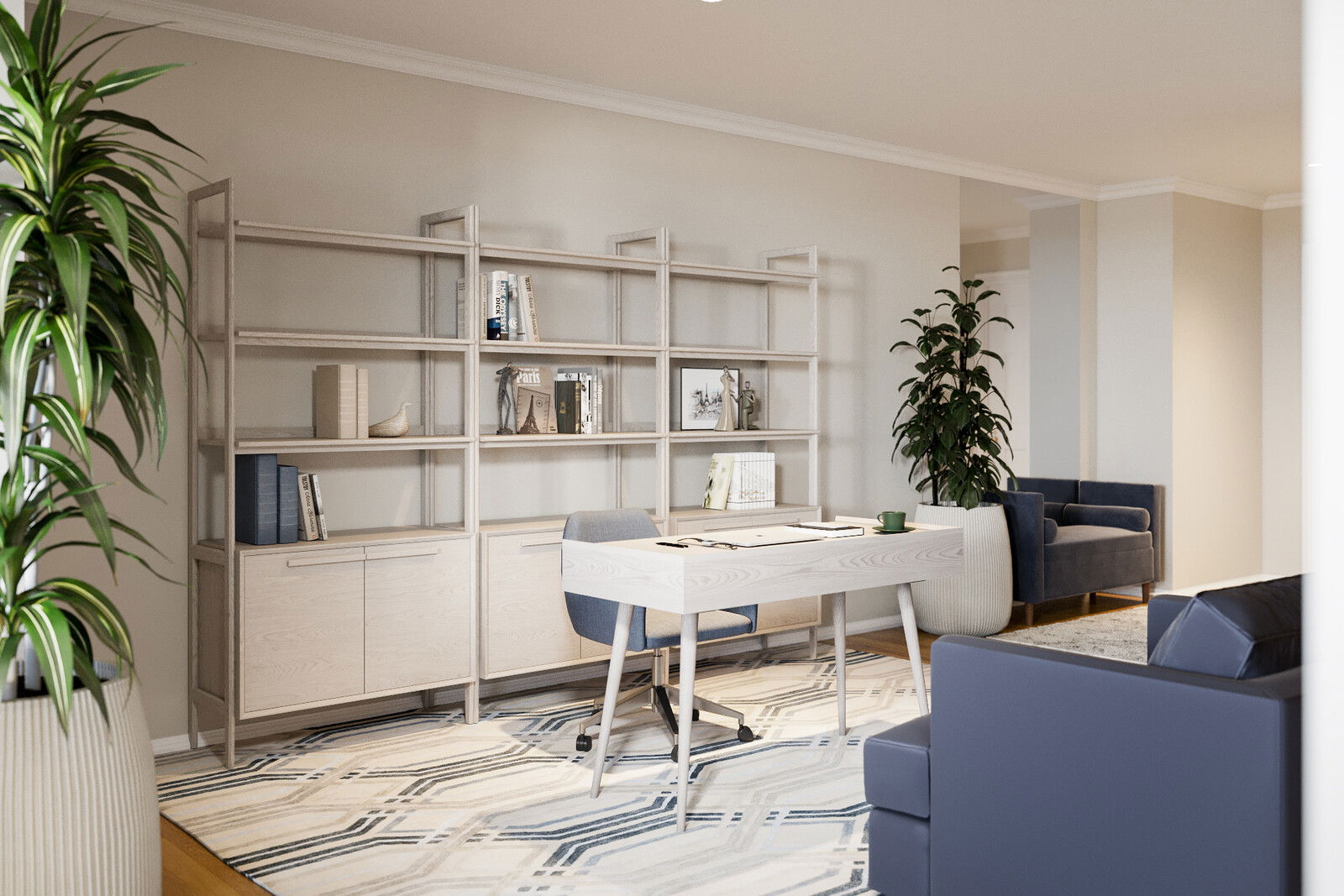 Renderizado de diseño acogedor de sala y comedor con acentos azules