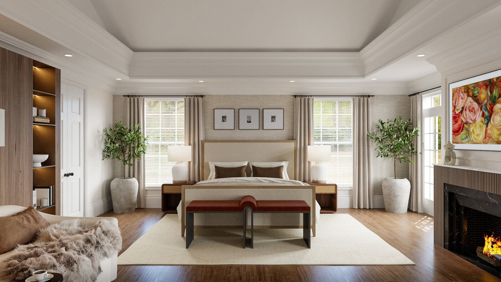 Renderizado del Diseño del Dormitorio Principal Neutro y Transitional