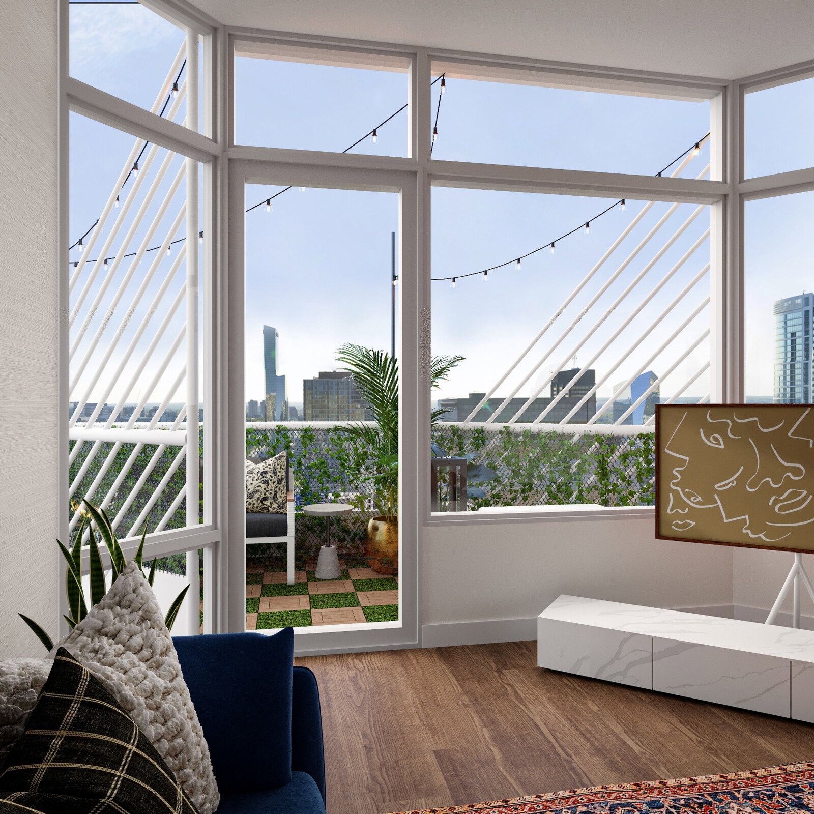 Rendering de diseño de apartamento ecléctico, acogedor y cálido