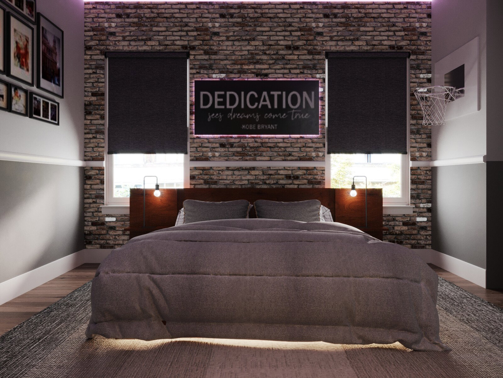 Habitación Industrial para Adolescente con Accentos de Baloncesto Renderización miniatura