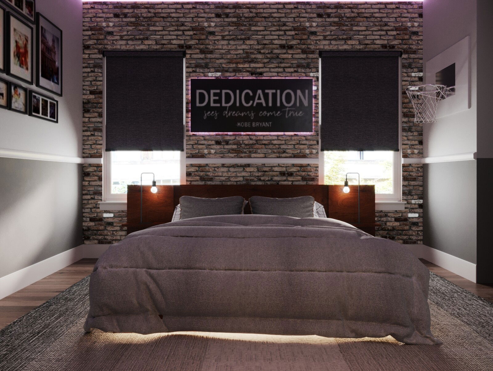 Habitación Industrial para Adolescente con Accentos de Baloncesto Renderización miniatura