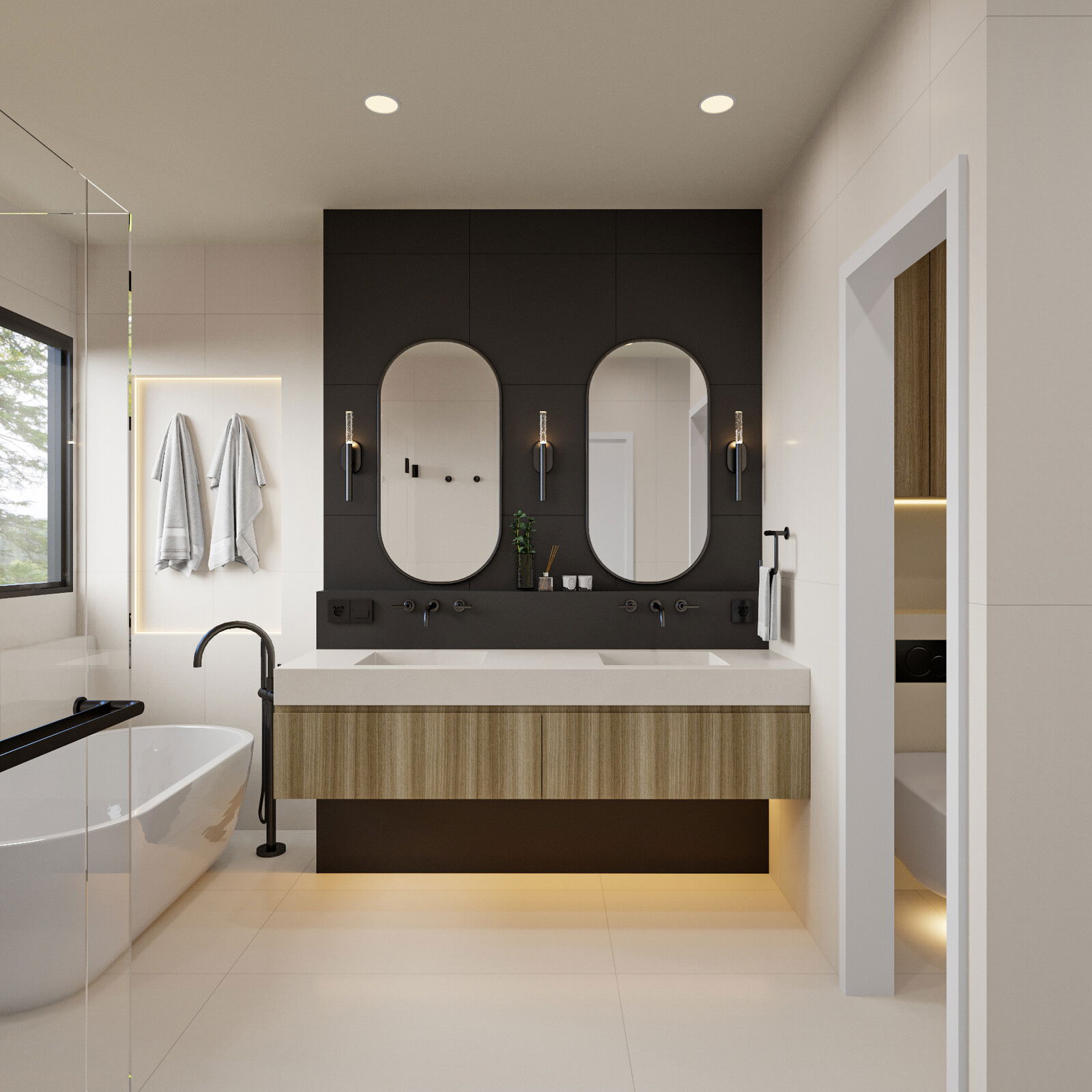 Modern Luxe Bathroom Design with Dark Accents Rendering thumb