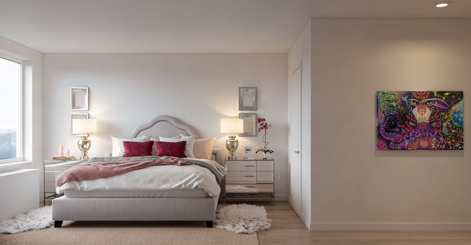 Renderizado de Diseño de Sala, Dormitorio y Oficina en Casa de Estilo Transicional