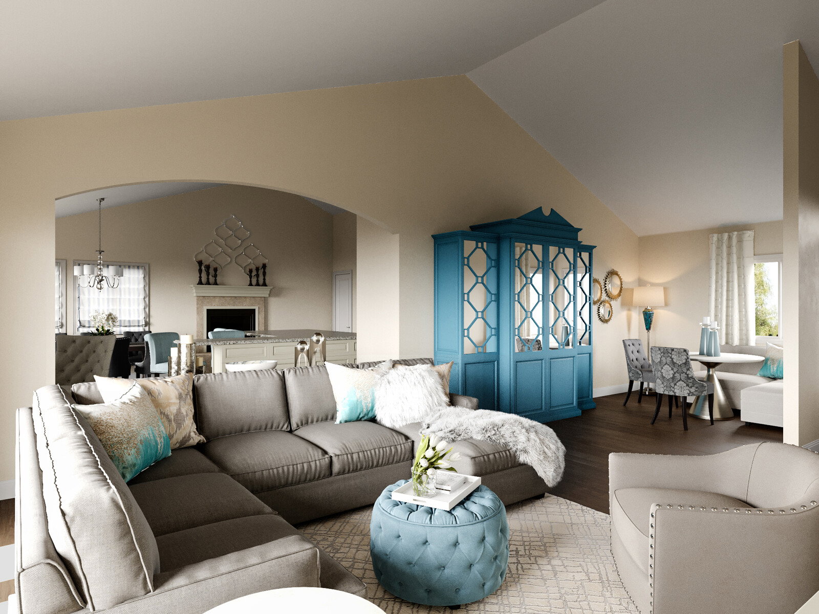 Renderizado de Sala y Comedor Transicional con Acentos Azules