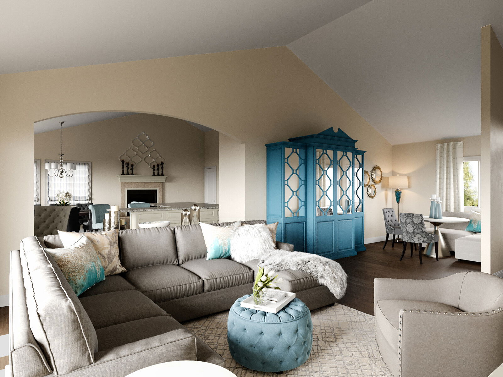 Renderizado de Sala y Comedor Transicional con Acentos Azules