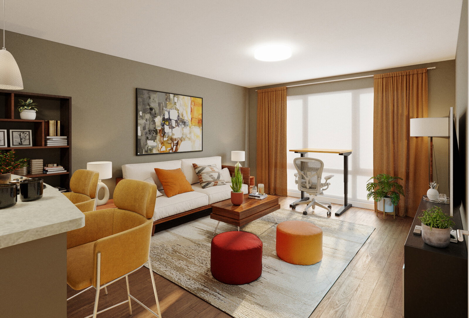 Representación de Apartamento Moderno con Toques de Color Vibrante