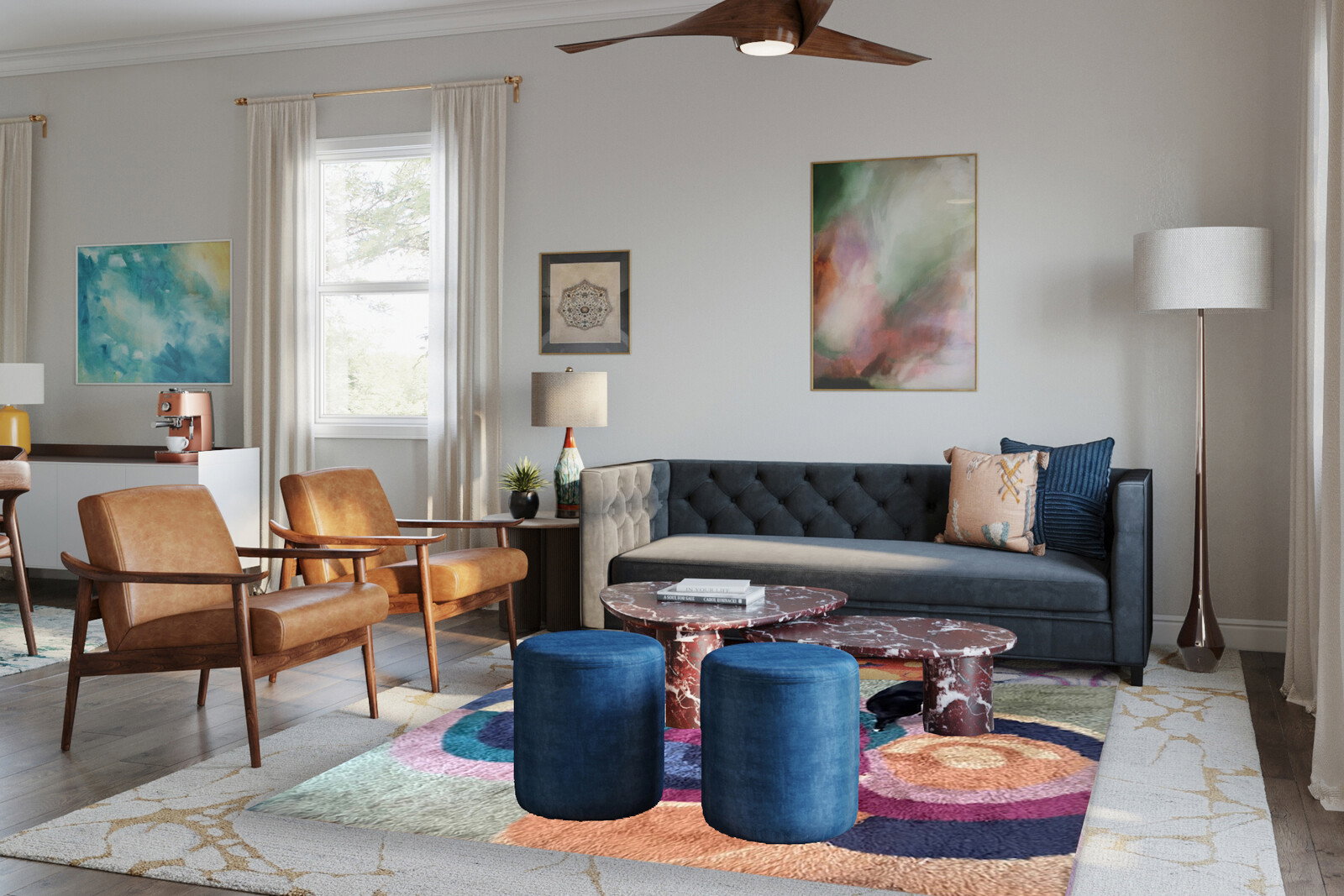 Renderizado de Diseño Moderno y Elegante Combinado de Sala de Estar y Comedor
