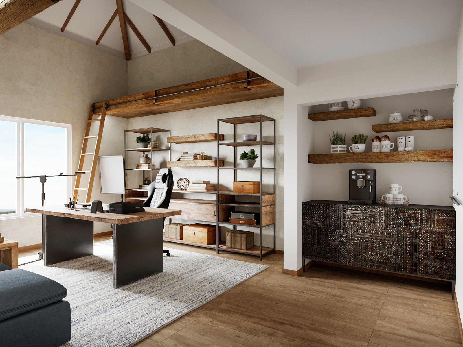 Renderizado de Diseño de Oficina en Casa para Él y Ella