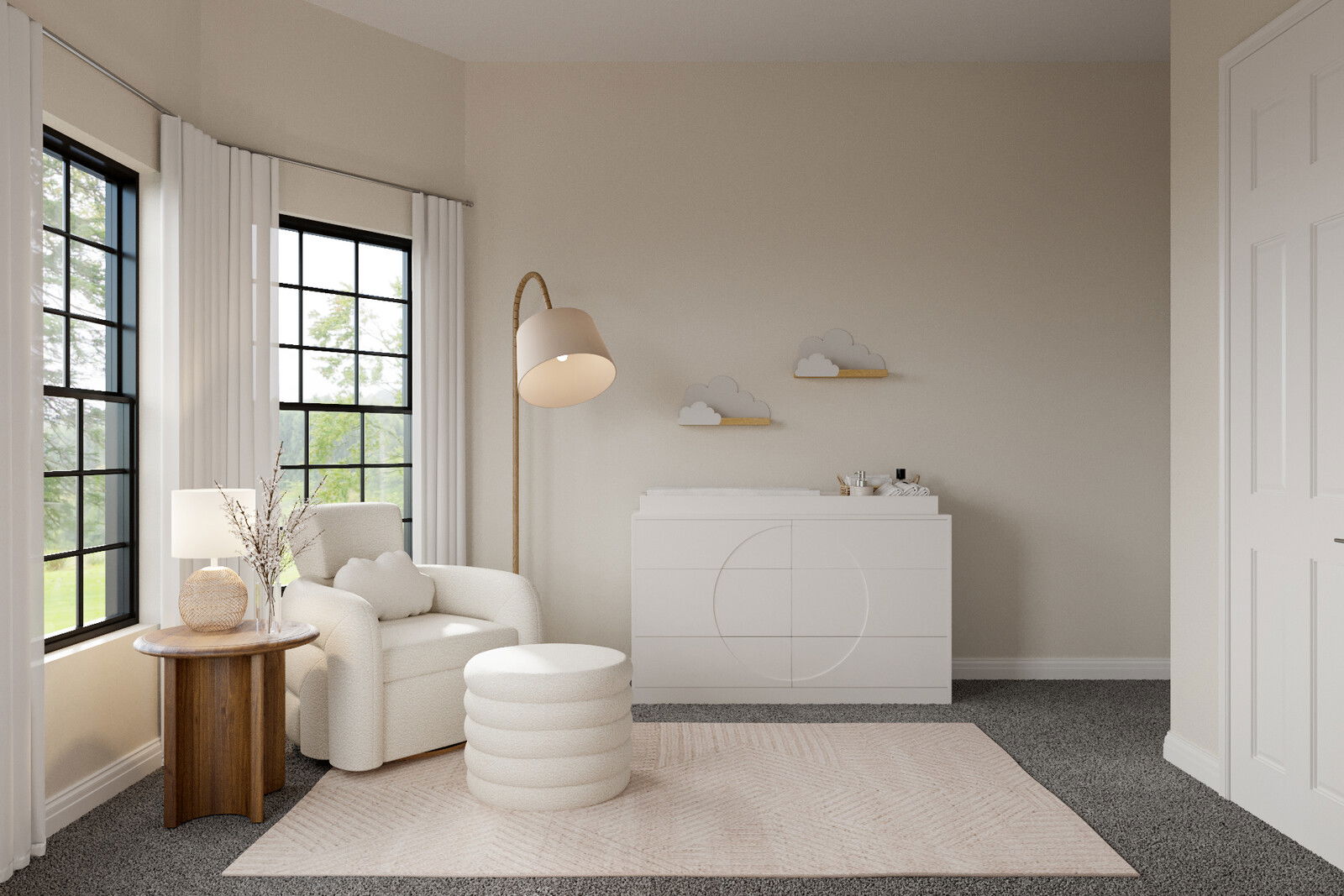 Modern Nursery Design with Curved Crib and Cloud Shelves