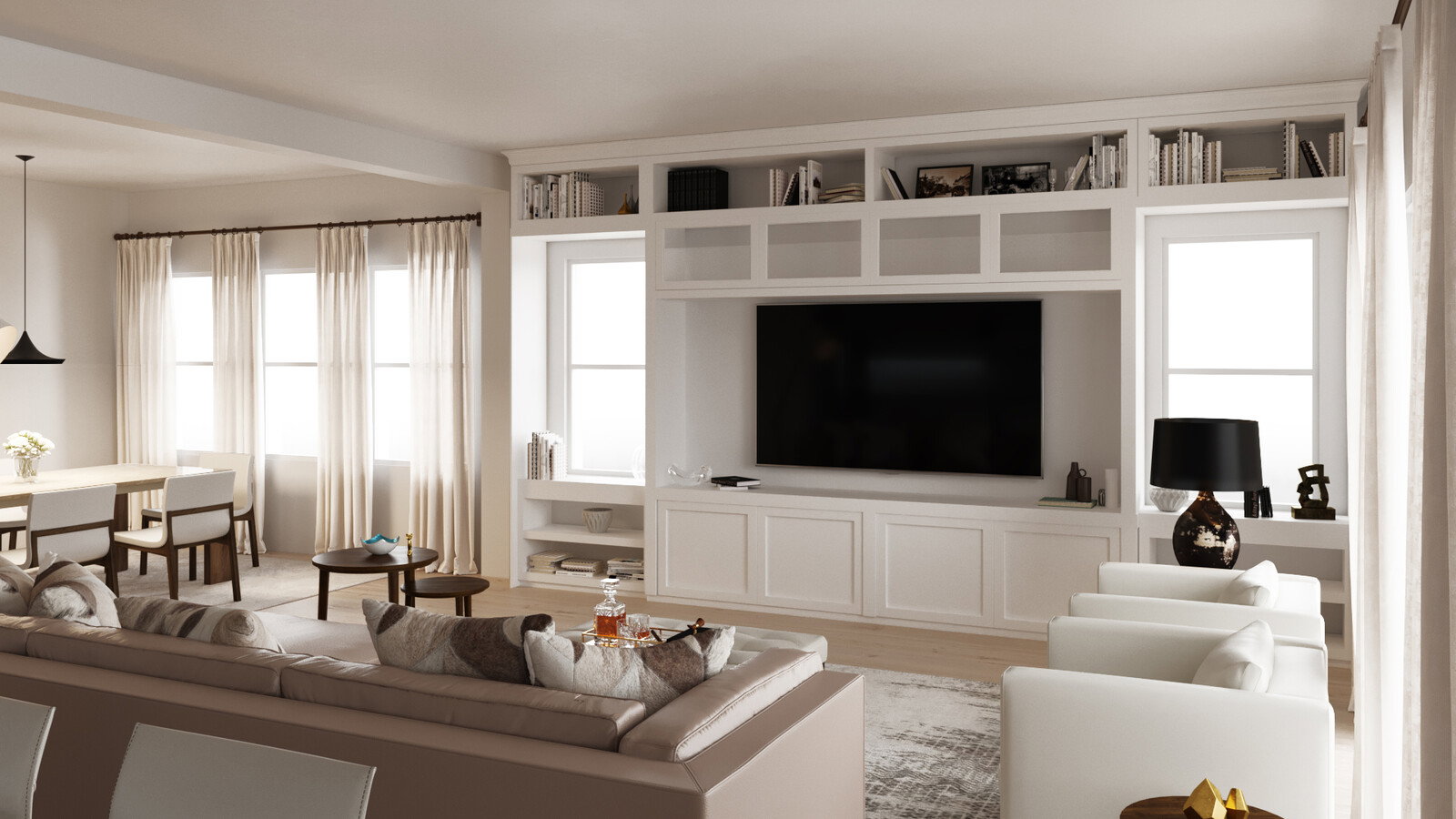 Renderizado del Diseño de Sala de Estar Blanca y Neutra