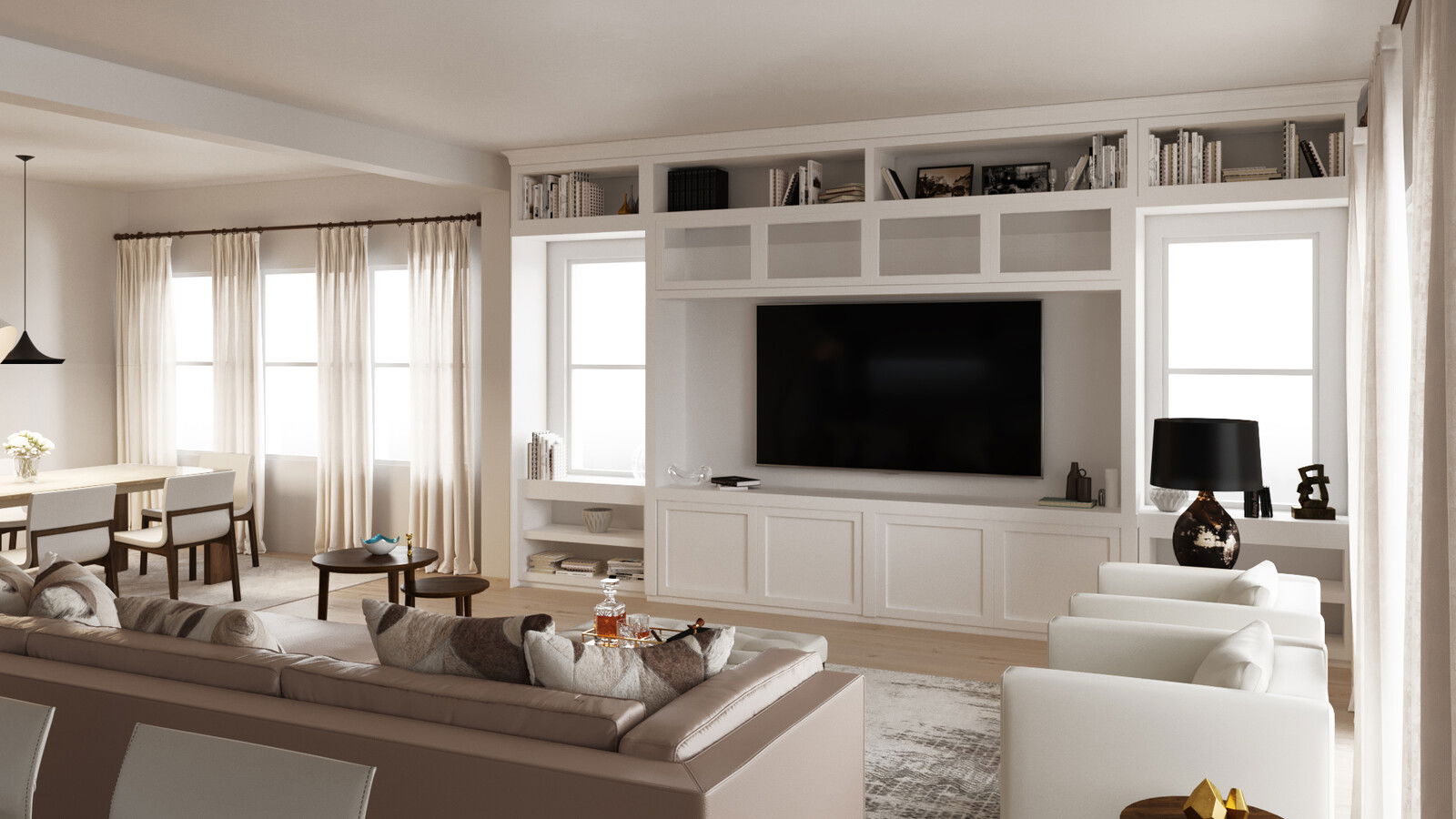 Renderizado del Diseño de Sala de Estar Blanca y Neutra