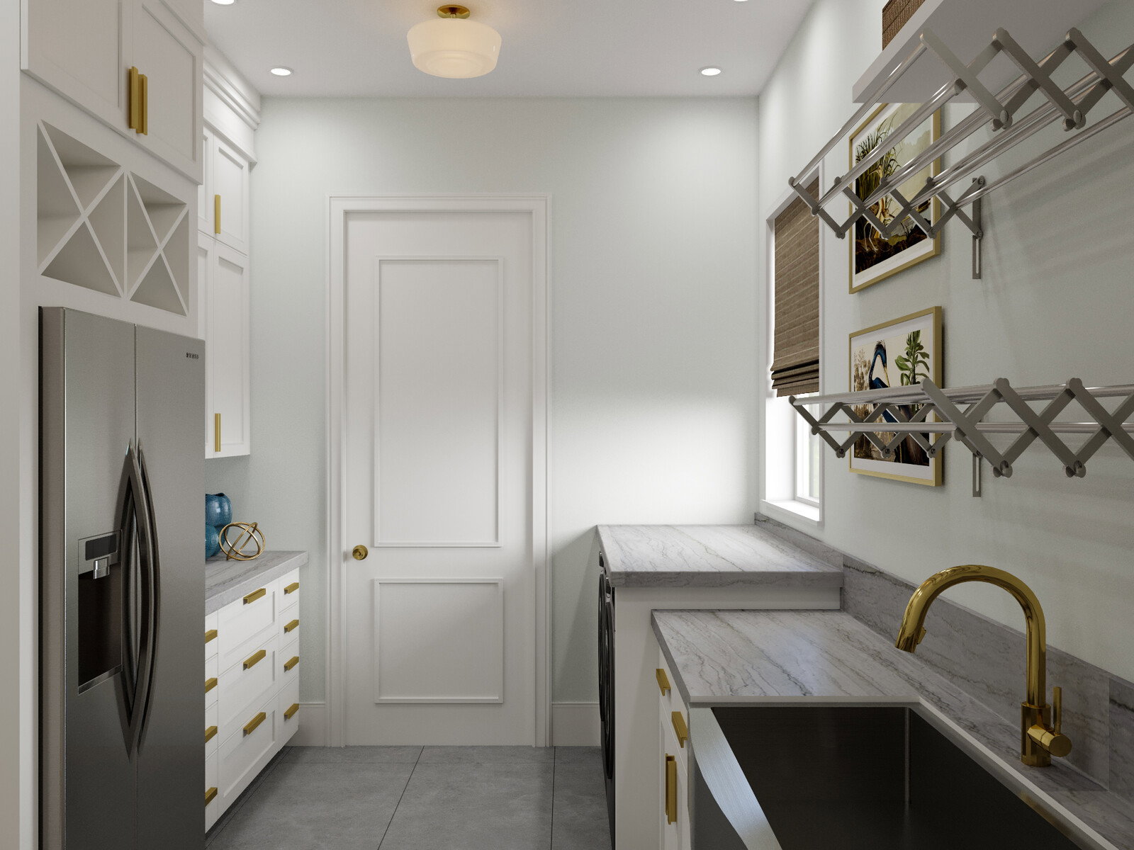 Renderización de diseño interior de cocina y lavandería elegante