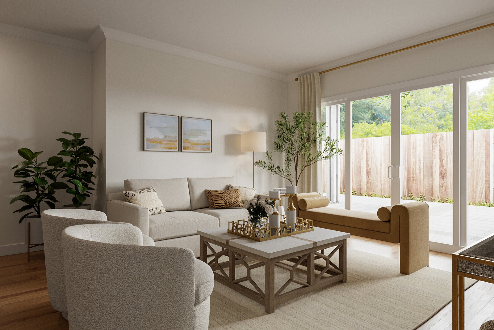 Rendering de sala y comedor de planta abierta multipropósito