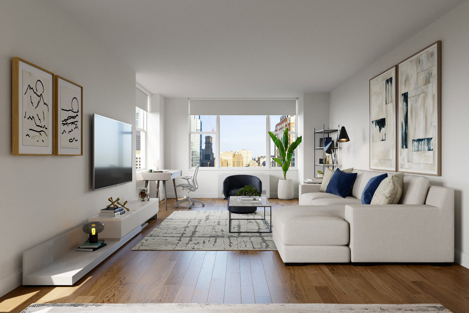 Renderizado de diseño de sala y comedor moderno y chic thumb