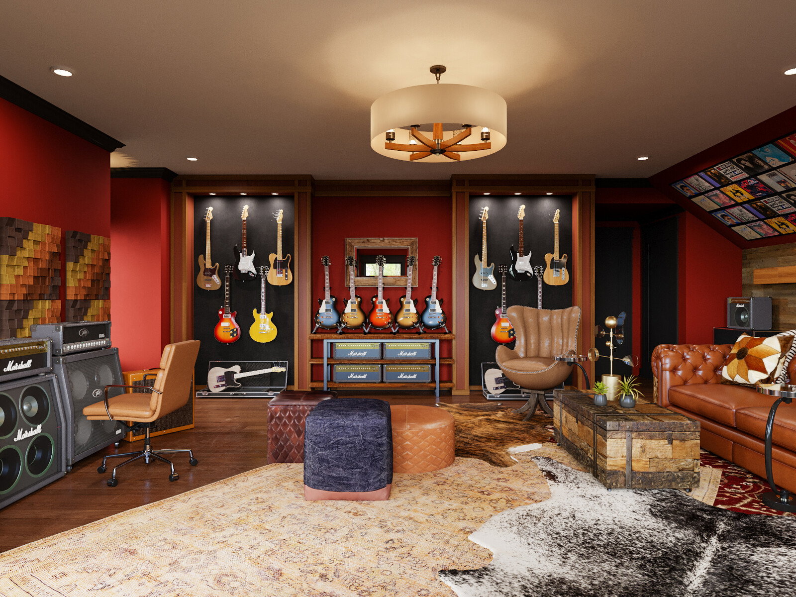 Sala de Música Cálida e Inspirada en Cuero - Renderizado