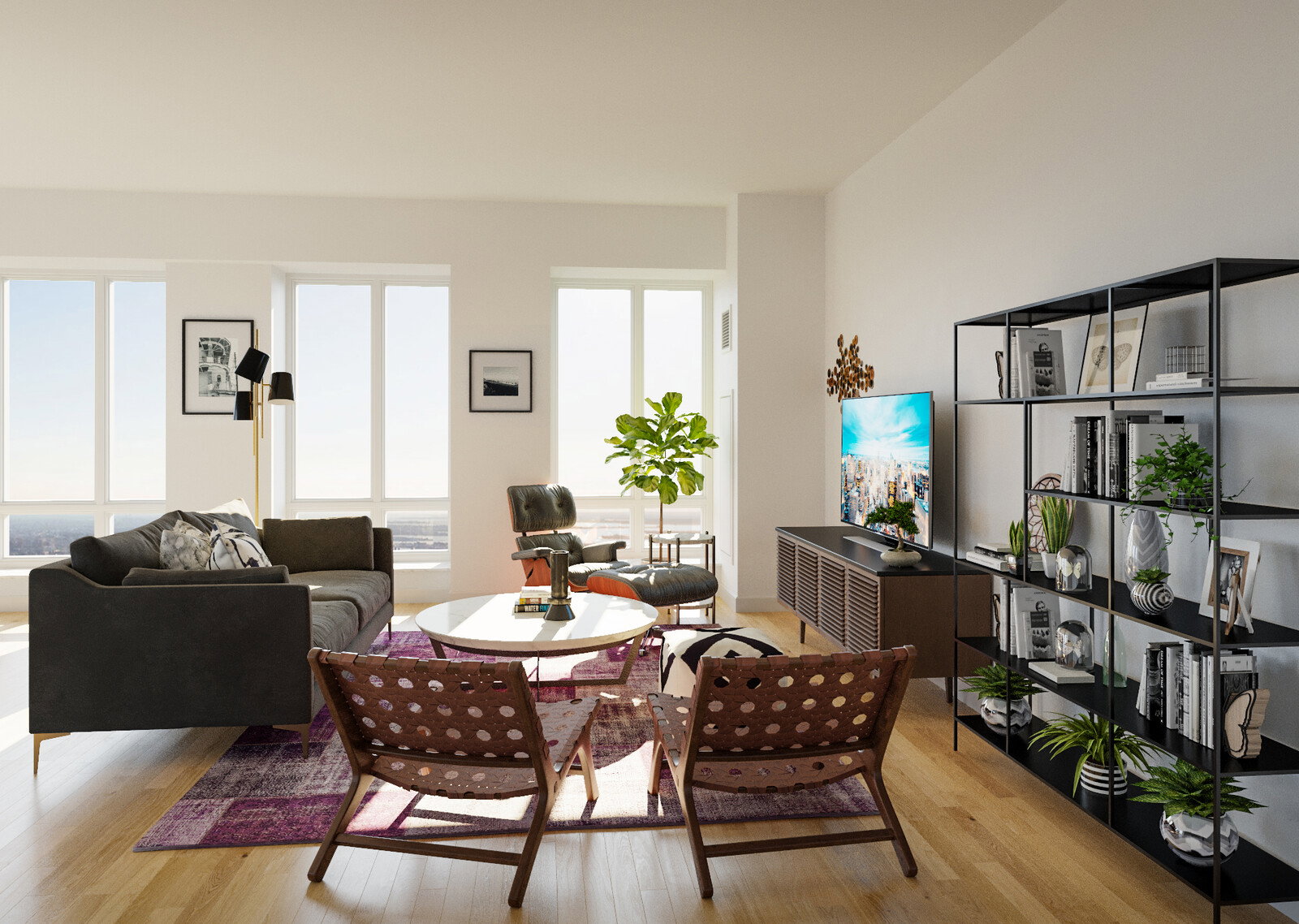 Renderización de Sala de Estar y Comedor Contemporáneo Abierto y Acogedor