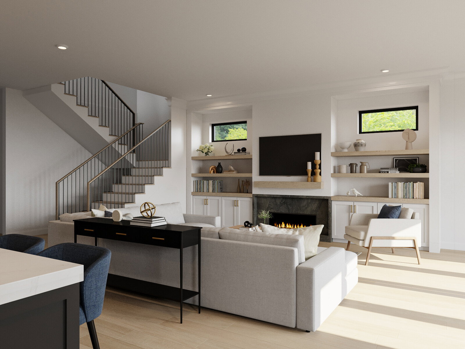 Renderizado de Diseño Interior de Sala y Cocina Transicional