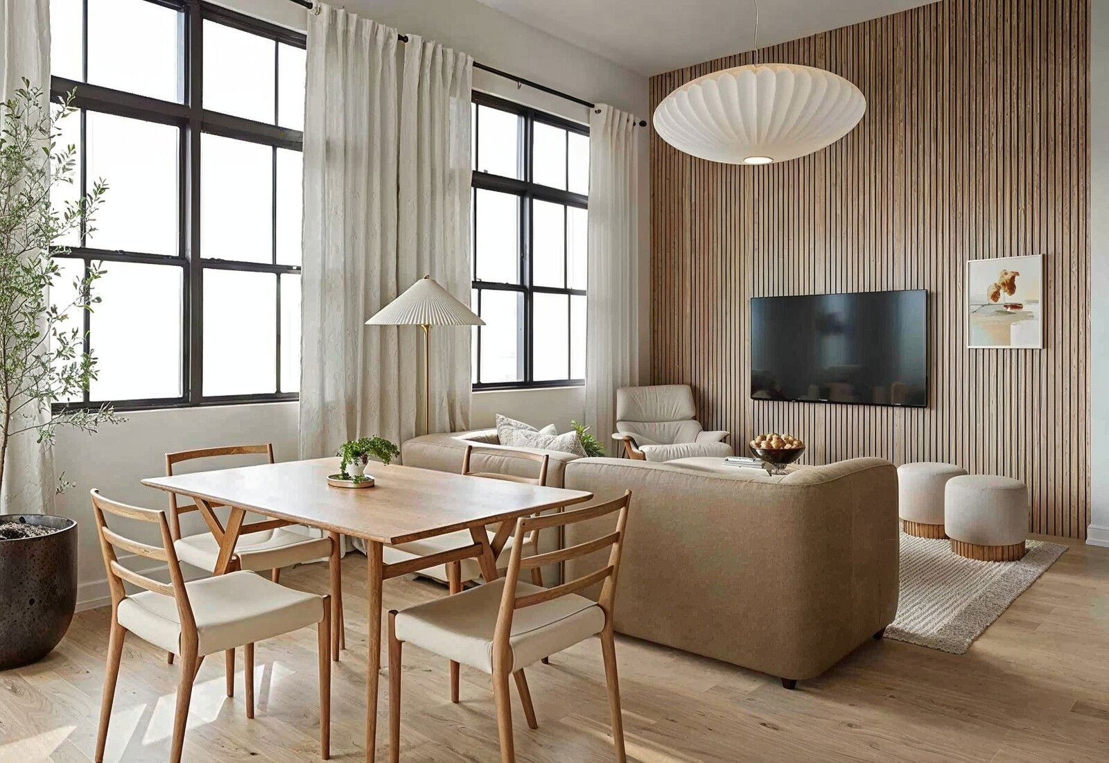 Renderizado de Diseño de Sala y Comedor Moderno Orgánico