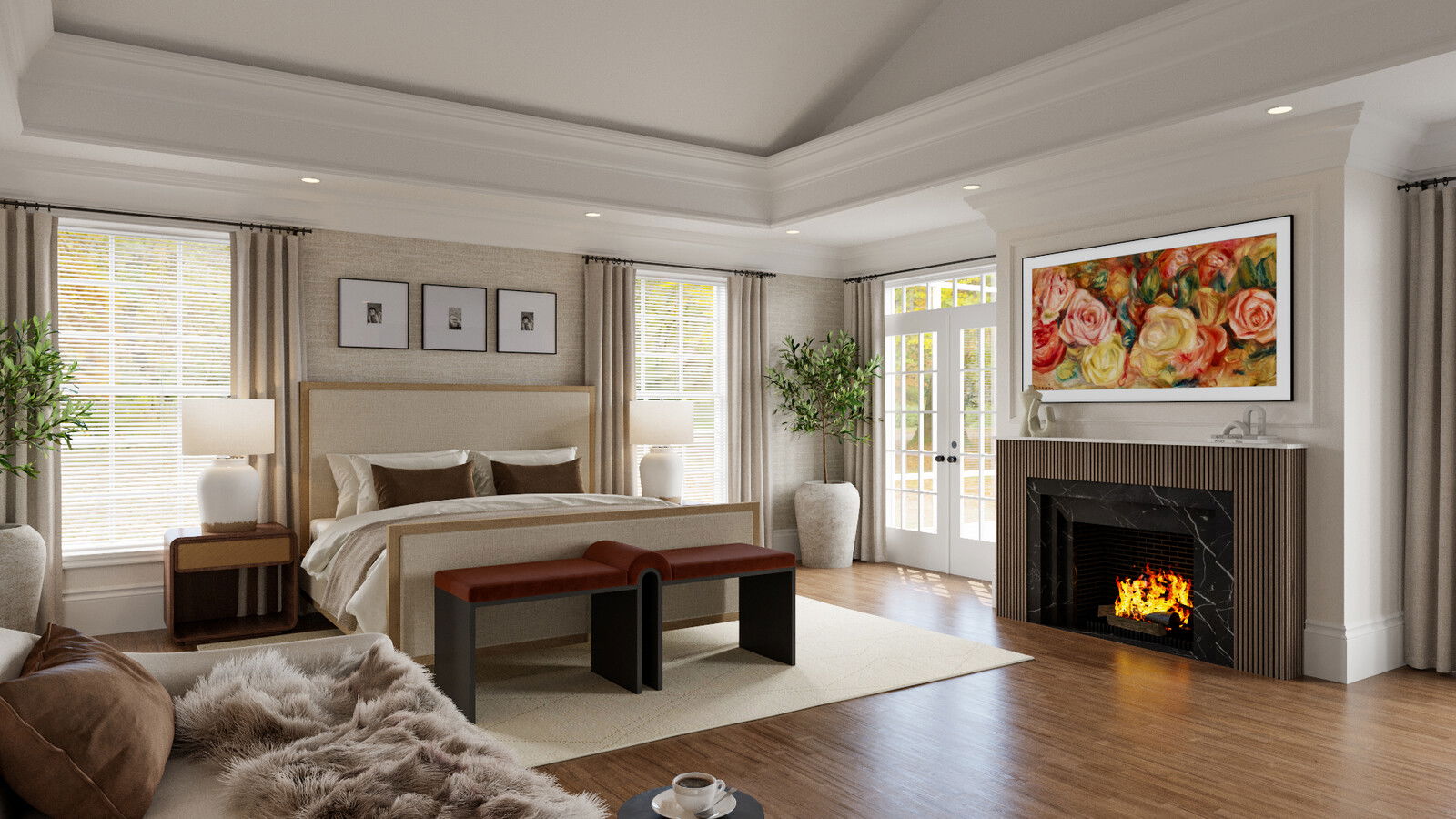 Renderizado del Diseño del Dormitorio Principal Neutro y Transitional