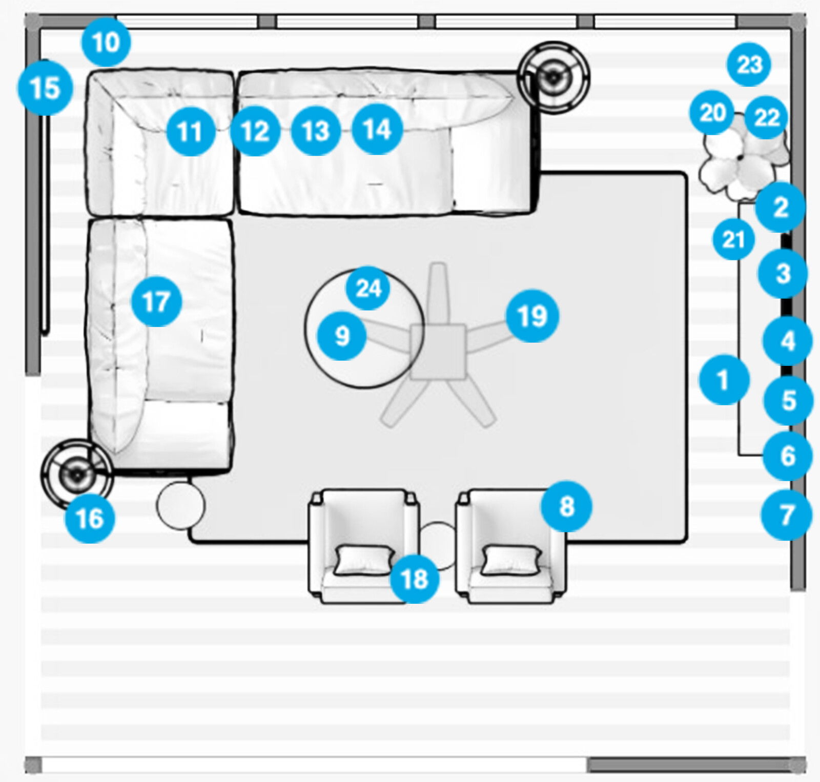 Plano de planta de sala de estar en línea
