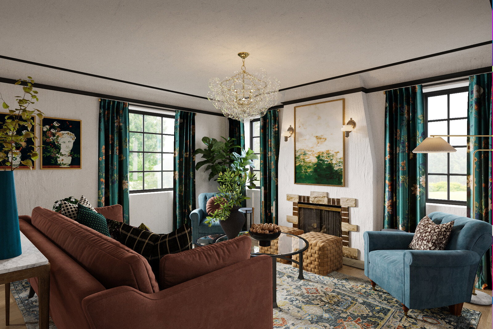 Renderizado de Diseño de Interiores de Casa Tudor Ecléctica