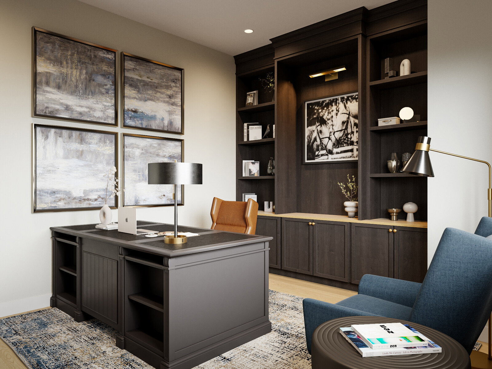 Renderizado de diseño de dormitorio principal y oficina moderno y chic thumb