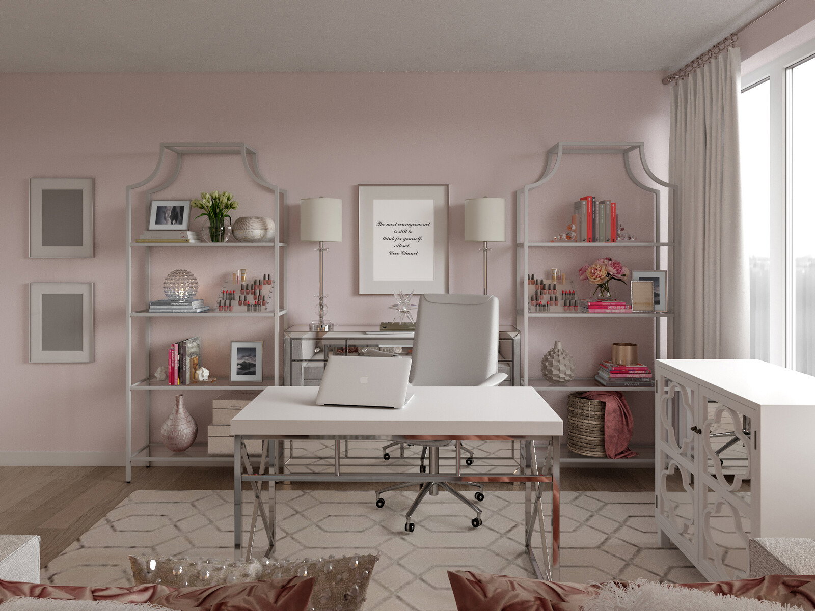 Renderizado de Diseño de Sala, Dormitorio y Oficina en Casa de Estilo Transicional