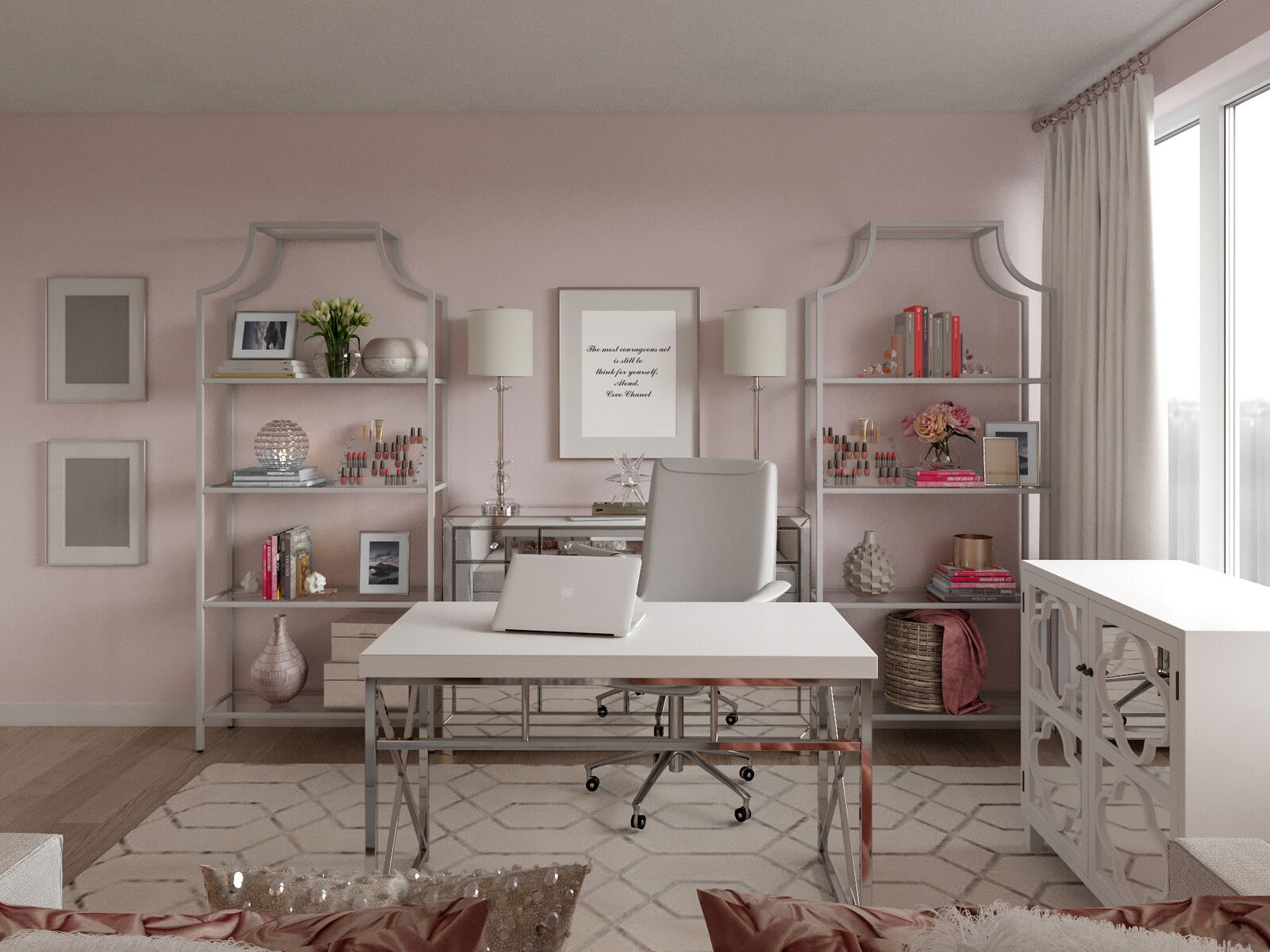 Renderizado de Diseño de Sala, Dormitorio y Oficina en Casa de Estilo Transicional